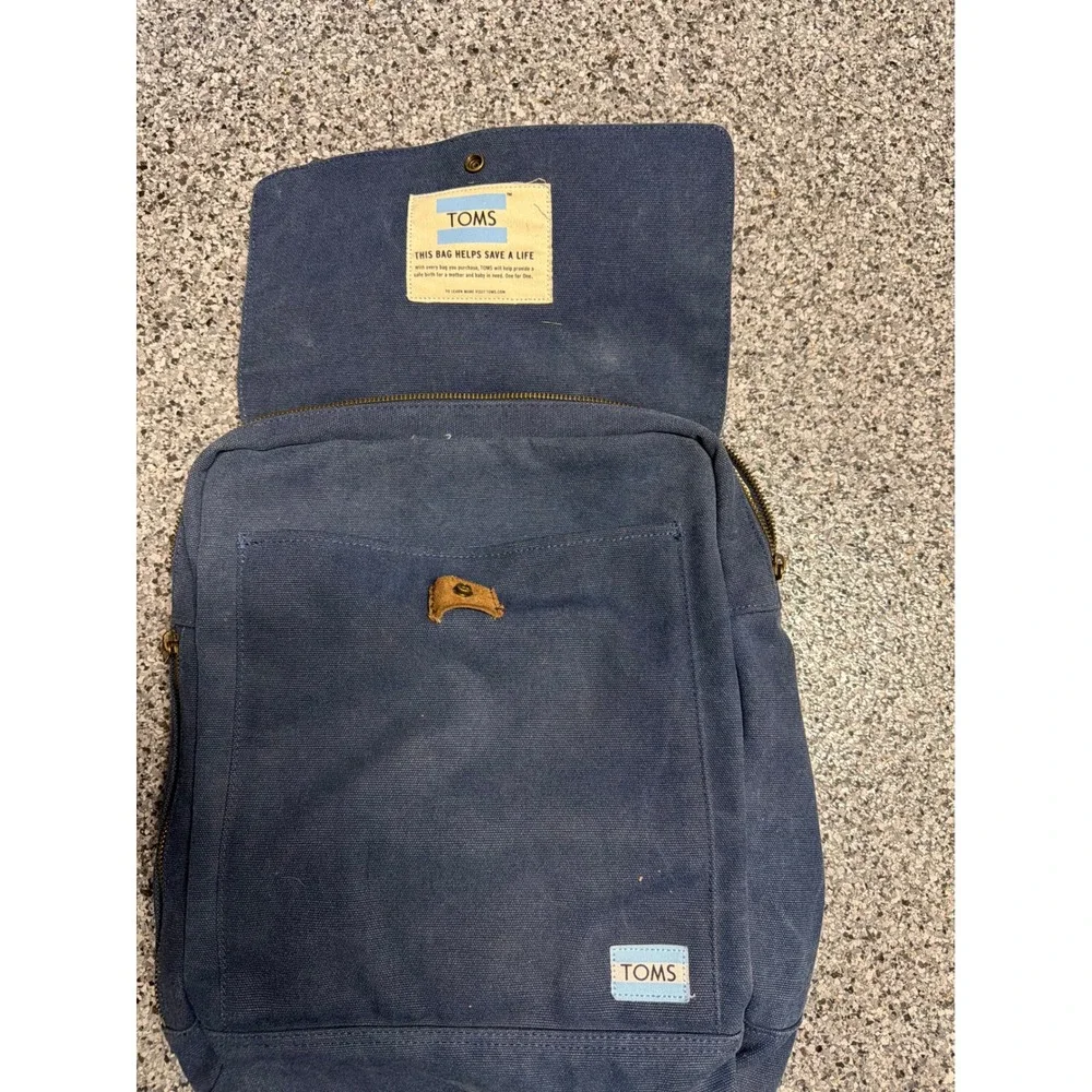 TOMS Navy Blue Canvas Backpack Adjustable Straps Brass Hardware Carpe Diem